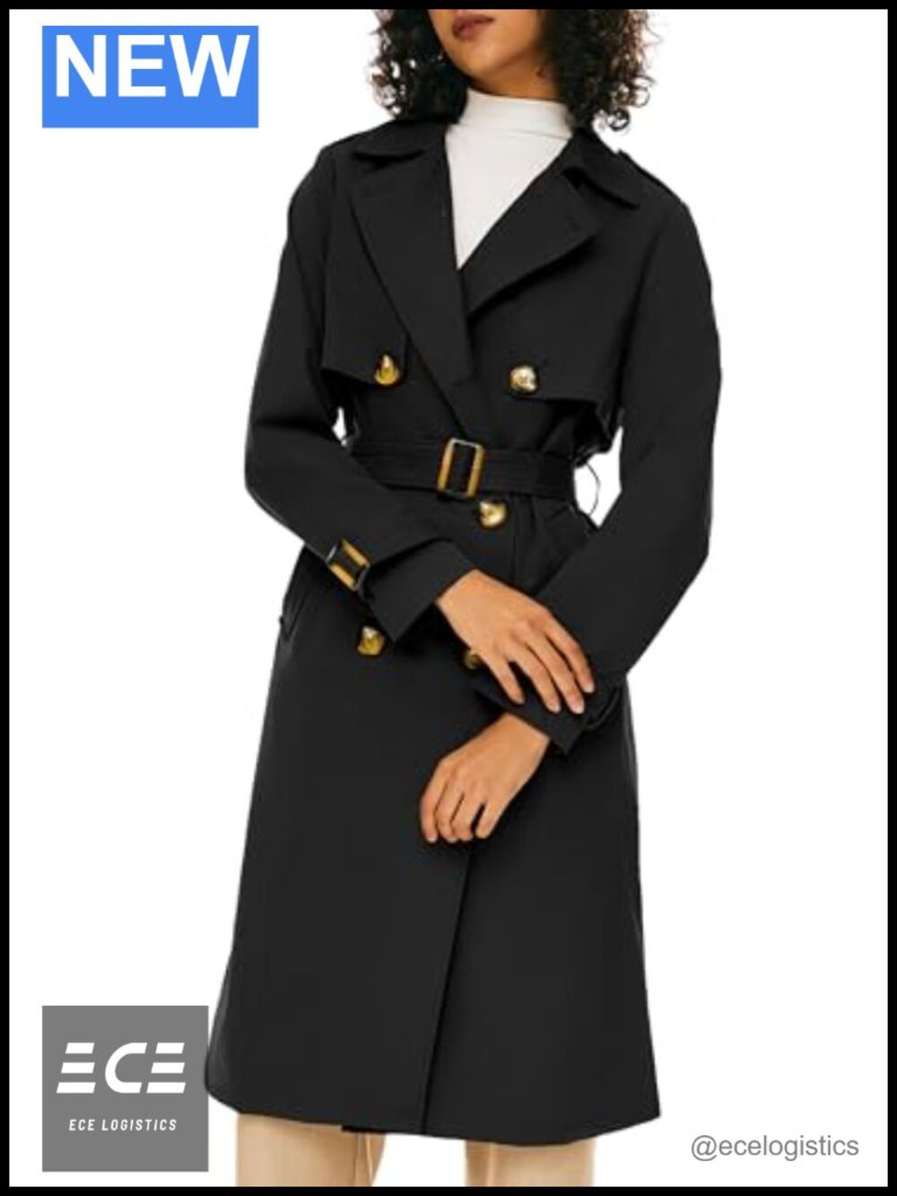 Women's 3/4 Length Double Breasted Trench Coat with Belt and Lapel, Polyester